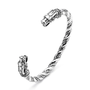Vintage Viking dragon head open cuff bracelet in antique silver finish for men