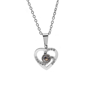 Collier de Projection Cœur en Acier Inoxydable 100 Langues Je T'aime Pendentif pour Femme Élégant Bijoux Strass Cadeau