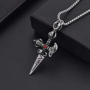 Vintage stainless steel vajra pendant necklace with red zircon on a black leather box