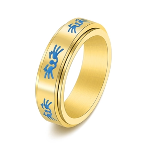 Bague tournante dorée en acier inoxydable avec motif chat bleu lumineux et fini brossé