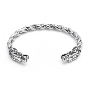 Vintage Nordic Viking dragon head open bangle in silver finish twisted steel style