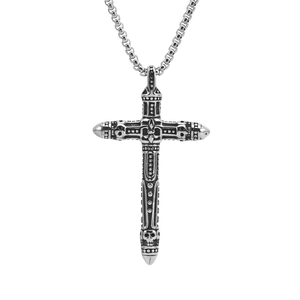 Vintage Gothic Stainless Steel Cross Skull Pendant Necklace Men Retro Punk Polished Antique Silver Jewelry For Daily Party