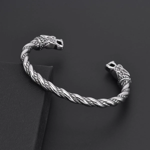 Vintage Viking dragon head open cuff bracelet in durable twisted stainless steel