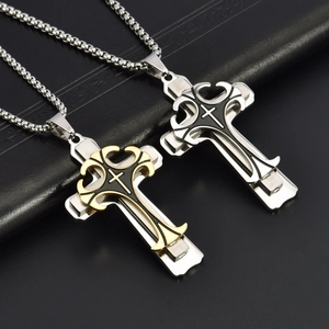 Three-layer stainless steel cross pendant necklace with engraved hip hop patterns on box chain