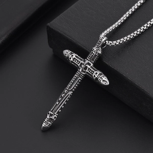 Gothic stainless steel cross pendant necklace with skull details and box chain in retro silver