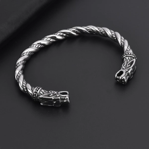Retro Nordic Viking dragon head open cuff bracelet in twisted stainless steel design