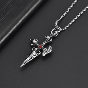 Vintage stainless steel cross vajra pendant with red crystal on gothic chain