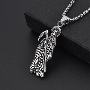 Gothik Santa Muerte Totenkopf-Halskette mit Sensen-Anhänger in Vintage-Silber für Herren