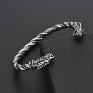 Retro Viking dragon head open bangle in twisted silver stainless steel for men