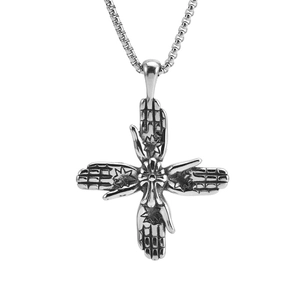 Collier Pendentif Croix de Main Gothique en Acier Inoxydable Vintage pour Hommes Bijoux Punk Rétro Vieillis Hip Hop Chaîne Box Polie