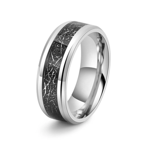 Men's silver titanium steel ring with black textured carbon fiber inlay 8mm band
