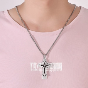 Three-layer titanium steel cross pendant necklace with black details on silver finish