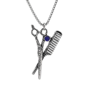 Collier Pendentif Ciseaux et Peigne en Acier Inoxydable Vintage pour Hommes Femmes Bijoux de Barbier Avec Strass Bleu
