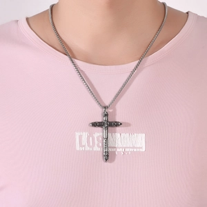 Retro stainless steel cross pendant necklace for men with engraved vintage textures