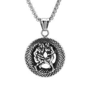 Collier rétro en acier inoxydable avec pendentif zodiaque Gémeaux sur chaîne maille