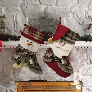 Rustic Christmas Stocking Large Plaid Fabric Santa Claus Snowman Xmas Gift Bag Hanging Ornament Holiday Home Decorations