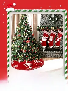 Close-up of red knitted Christmas tree skirt with white snowflake and reindeer patterns