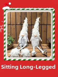 Pair of plush Christmas gnomes with long legs and white hats on a red background
