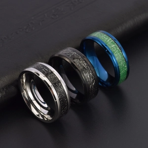 Men's 8mm stainless steel rings featuring meteorite texture in silver, black, and blue colors
