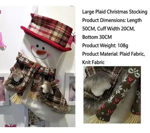 Large snowman Christmas stocking with red plaid hat and knitted scarf decoration