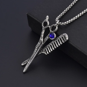 Collier de coiffeur vintage en acier inoxydable avec pendentif ciseaux et peigne