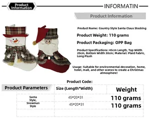 Detailed size specifications for 45cm plaid Christmas stockings with Santa and Snowman