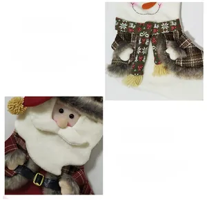 Detail of Christmas stocking textures showing plaid fabric, faux fur, and snowman embroidery