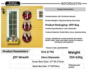 Detail of JOY Christmas wreath set with red black plaid fabric and 34cm bamboo ring