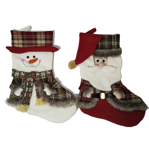 Set of 2 large Christmas stockings featuring Santa and Snowman with plaid fabric accents
