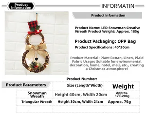 Detail view of snowman LED Christmas wreath with pine needles and red plaid hat accents