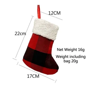 Classic red and black buffalo plaid Christmas stocking with white faux fur trim and dimensions