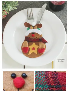 Detail of reindeer felt cutlery holder with red and green scarf for Christmas dining