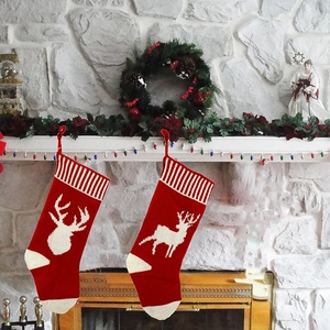 Christmas Knitted Stocking Reindeer Pattern Red White Knit Yarn Xmas Gift Bag For Fireplace Home Holiday Party Decor