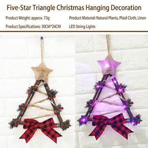LED Christmas triangular wooden ornament with burlap star and plaid bow decoration
