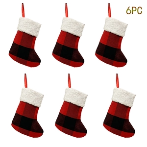 Set of 6 classic red and black buffalo plaid Christmas stockings with white plush cuffs