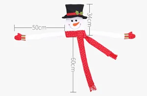 Detailed view of plush snowman Christmas tree topper with red scarf and long arms