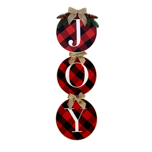 Hanging JOY Christmas wreath with red black buffalo plaid and artificial pine berries