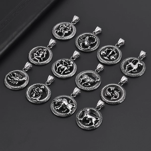 Colliers pendentifs 12 signes du zodiaque en acier inoxydable rétro avec finition argentée