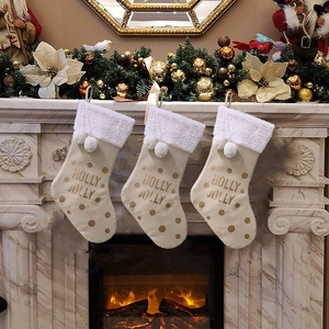 Calza di Natale Grande in Lino Con Bordo in Pelliccia Sintetica Lettera d'Oro Pois per Camino Decorazione Natalizia