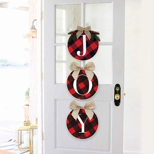 Christmas JOY door wreath set with red black buffalo plaid pattern and pine berry accents