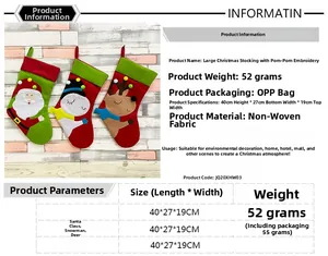 Size guide for large Christmas stockings with snowman and reindeer embroidered designs