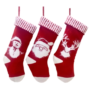 Lot de 3 chaussettes de Noël tricotées rouges avec motifs Père Noël, bonhomme et renne