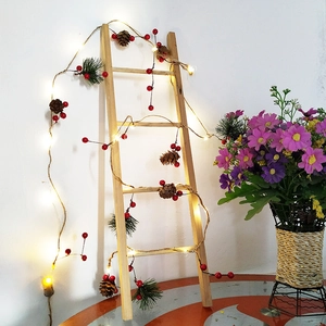 Rustic Christmas Pine Cone Red Berry LED String Lights Hemp Rope Garland For Holiday Indoor Home Window Mantel Decor