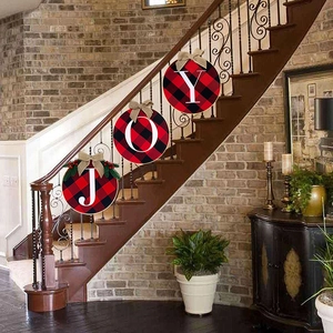 Christmas Buffalo Plaid JOY Door Hanging Sign Red Black Plaid Wreath With Burlap Bow For Front Door Home Party Wall Decoration