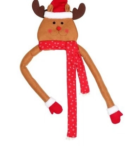 Plush Christmas reindeer hooded scarf with white snowflake patterns and red mittens