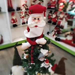 Plush Santa hat and buffalo plaid scarf Christmas tree topper with white beard