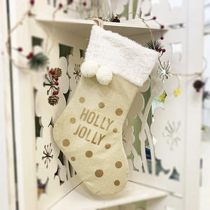 Calza di Natale in lino con pelliccia sintetica, pois dorati e scritta festiva