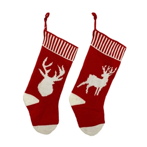Set of 2 classic red and white knitted Christmas stockings with reindeer patterns