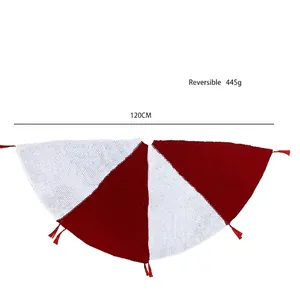 Knitted 120cm Christmas tree skirt with red and white striped patterns and tassels