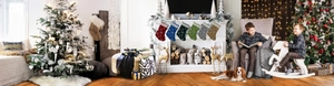Detailed view of six colorful knitted Christmas stockings with snowflake patterns